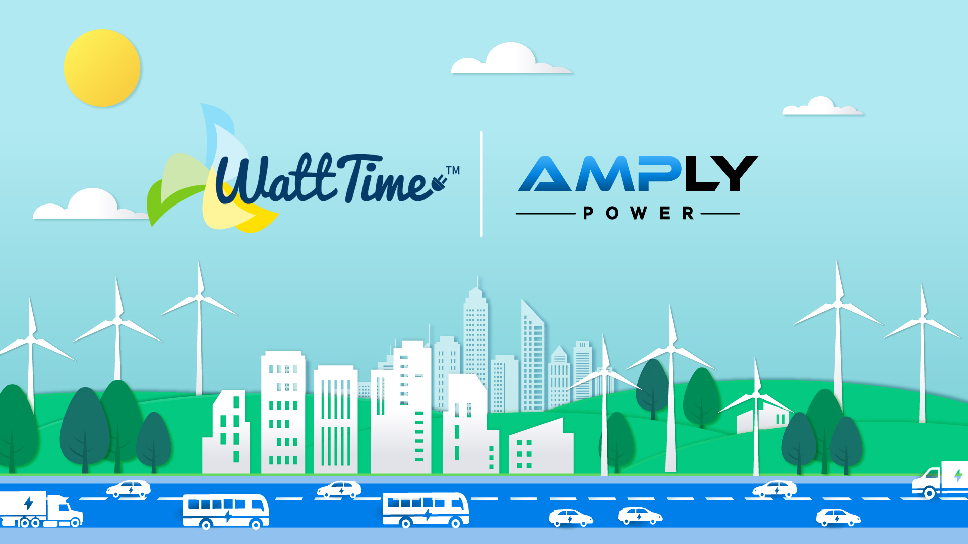 Rendering of cityscape with wind turbines and WattTime and AMPLY Power logos