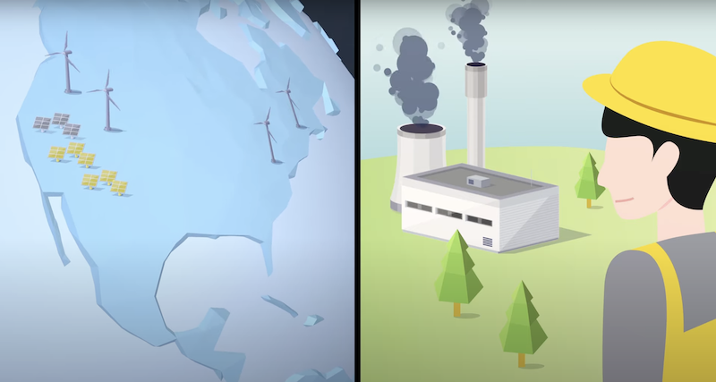 split screen with renewable energy on the left and fossil fuel factory on the right